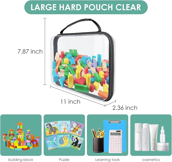 Clear Hard Zipper Pouch, Bliss Zippered Storage Bins, Waterproof PVC Shell Travelling Bags, Storage for Board Games, Building Blocks, Puzzles, Kids Books with Handle, Plastic Organizing, 4Pc