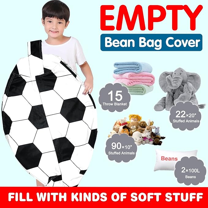 Lukeight Stuffed Animal Storage Bean Bag Chair Cover for Kids, Soccer Zipper Beanbag Chair Cover for Organizing Toddler and Kids' Rooms Plush Toys (Soccer Velvet, X-Large)