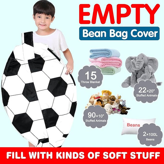 Lukeight Stuffed Animal Storage Bean Bag Chair Cover for Kids, Soccer Zipper Beanbag Chair Cover for Organizing Toddler and Kids' Rooms Plush Toys (Soccer Velvet, X-Large)