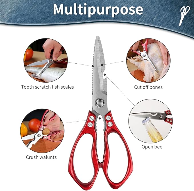 Kitchen Shears for Food Heavy-Duty: Multipurpose Kitchen Shears for Cutting Chicken, Bone, Meat, Food, (9'' Red)