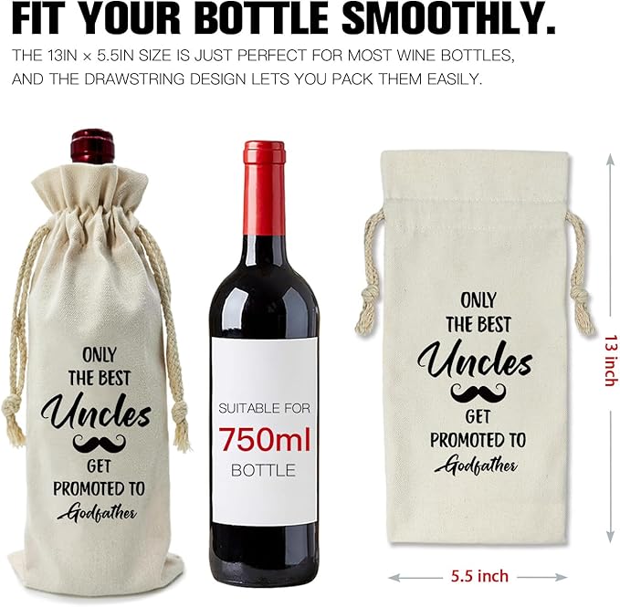 ZHANTUONE,Only the Best Uncles Promoted to Godfather,Father's Day Gifts,Funny party Wine Bags,Drawstring Polyester Cotton Cloth Wine Bag,Gift for Godfather Godparents Baptism Gift