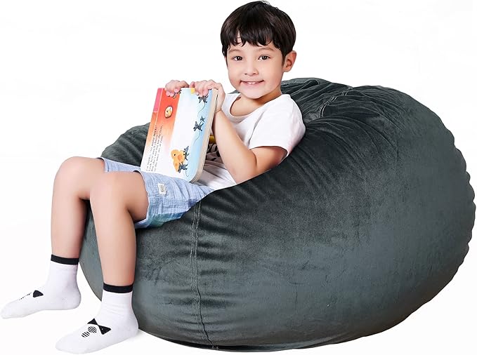 Lukeight Stuffed Animal Storage Bean Bag Chair Cover for Kids, Zipper Beanbag Chair Cover for Organizing Toddler and Kids' Rooms Plush Toys (Dark Gray Velvet, Large)
