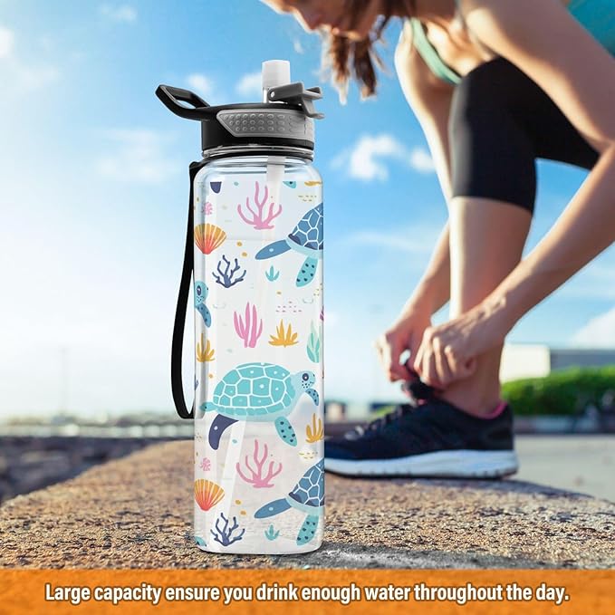 senya Rainbow Turtle Sport Water Bottle with Straw Tritan Clear Bottle for Outdoor Gym Travel
