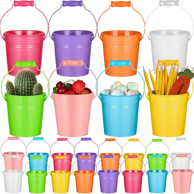 Therwen 24 Pieces Small Metal Buckets with Handle Colored Galvanized Bucket Round Metal Pail for Kids Classroom Candy Crafts,Utensils, Vase Party Favor(4.13 Inch,Wood Handle)