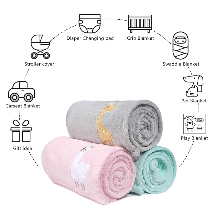 DaysU Plush Flannel Baby Blanket Super-soft Lightweight, Embroidered Fleece Baby Blanket for Girls, Portable Bed Throws for Baby Crib and Toddler Bed, Pink Alpaca, 30”x40”
