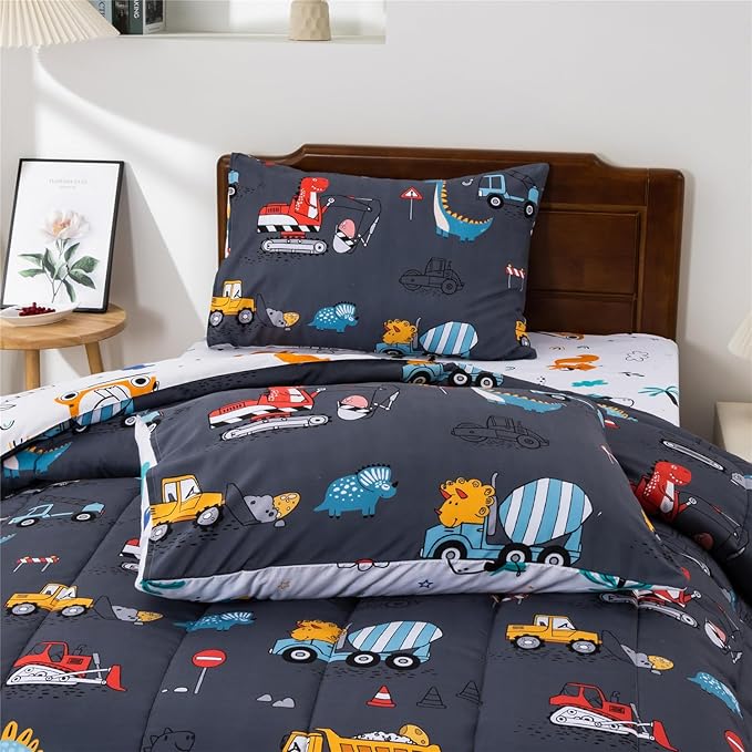 Meeting Story Construction Truck Car Twin Kid Comforter Set for Boys,5 Pieces Dinosaur Bedding Set with Sheets and Pillowcases,Excavator Lightweight Microfiber Bedding Sets(Grey,Twin5pcs)