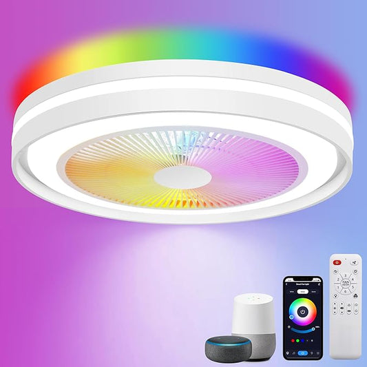 Bladeless Ceiling Fans with Lights, 20" Low Profile Ceiling Fan with Alexa/Google Assistant/APP Control 6 Speeds, Modern Flush Mount RGB Ceiling Fan LED Dimmable Light,White