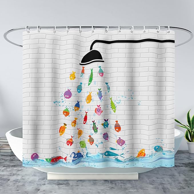 AILONEN Cute Fish Shower Curtain for Kids 48" W*72" H Inch,Raining Fish Playing Water Shower Curtains,12 Pack Hooks Polyester Waterproof Fabric Decor for Bathroom Bathtub Panels