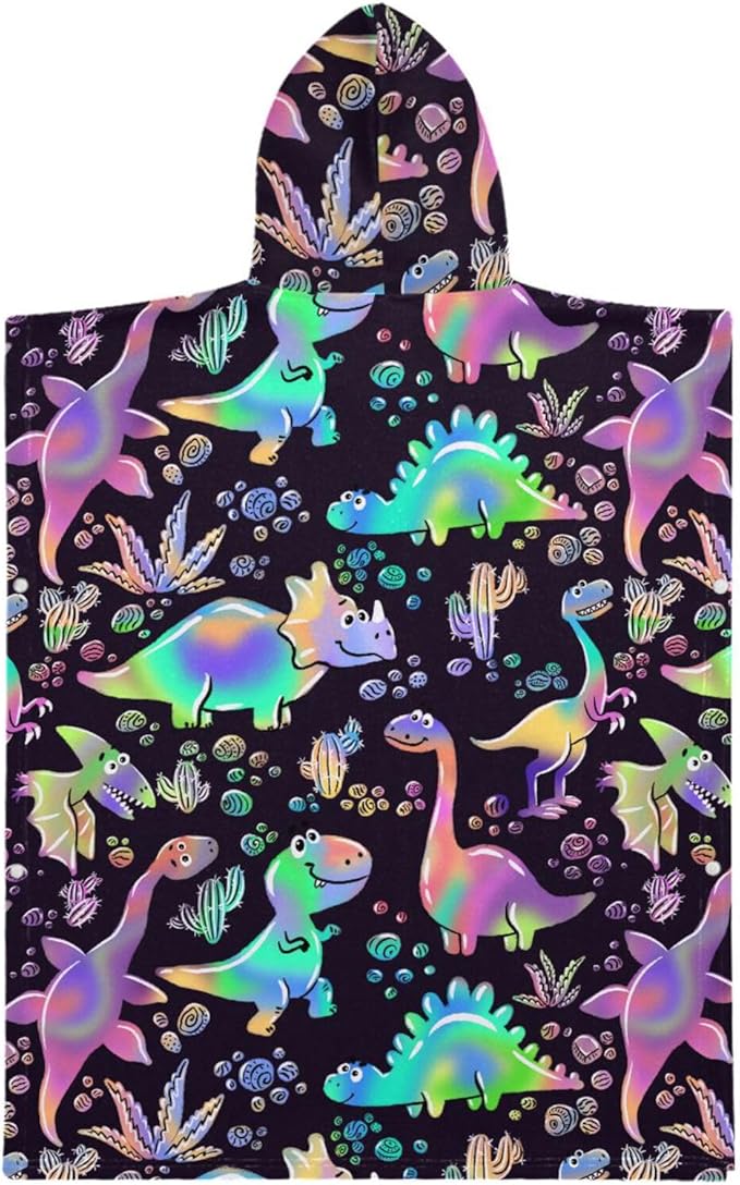senya Kids Beach Towel, Rainbow Dinosaurs Hooded Bath Pool Beach Towel Wrap Cover-ups Beach Poncho for Boys Girls