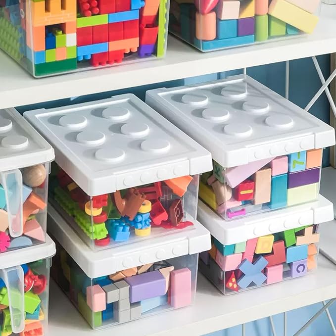 loobuu Plastic Storage Bins with Lids - Stackable Toy Storage Organizer Box Set of 2, Kids Toy Chests with Compatible Building Baseplate and Lid, Storage Container for Building Bricks & Toys- White