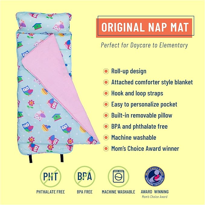 Wildkin Original Nap Mat with Reusable Pillow for Boys & Girls, Ideal for Sleepovers, Equipped with Hook & Loop Fastener, Made from Cotton Blend Materials - Nap Mat for Kids