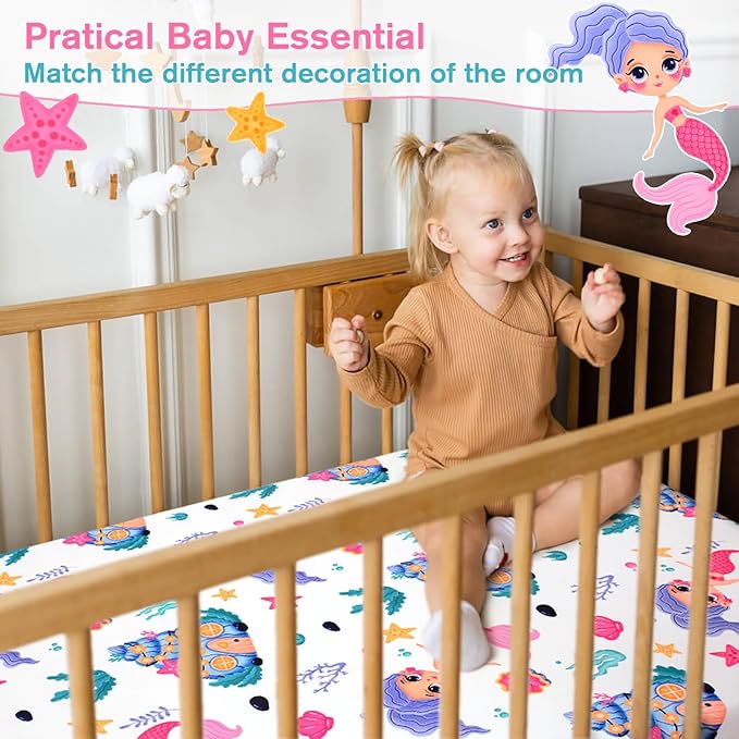 JISEN Baby Crib Sheets Soft Breathable Fitted Crib Sheets Baby Sheet for Standard Crib and Toddler Mattress Baby Bed Sheets for Crib for Baby Boys Girls Neutral 52x28 Inch White Mermaids
