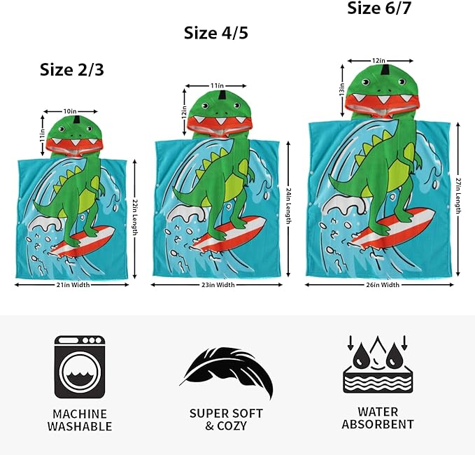 Boys and Girls Absorbent Hooded Beach Towel Pullover Character Microfiber Bath Towel with Side Snaps (Dino, 4-5)