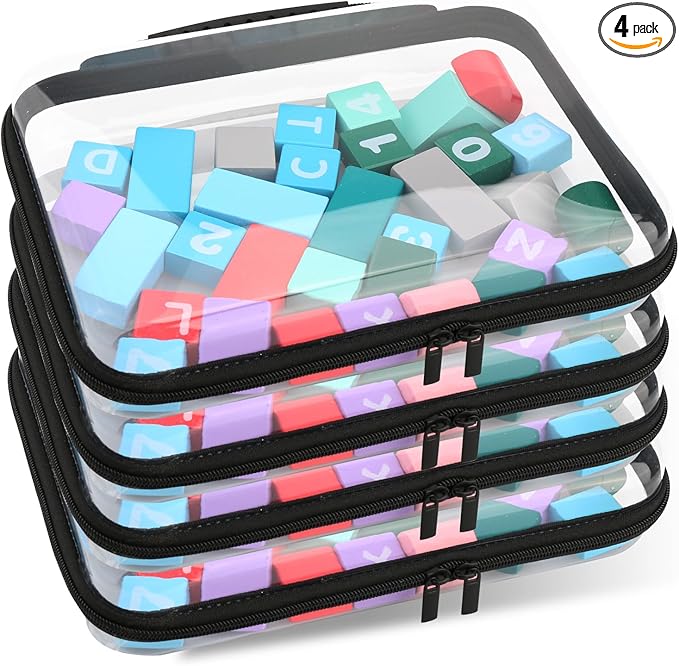 Clear Hard Zipper Pouch, Bliss Zippered Storage Bins, Waterproof PVC Shell Travelling Bags, Storage for Board Games, Building Blocks, Puzzles, Kids Books with Handle, Plastic Organizing, 4Pc