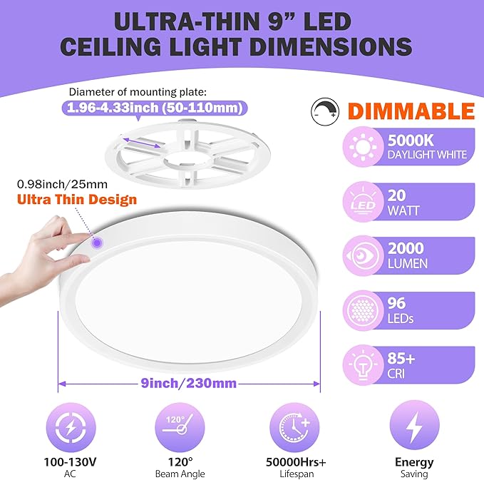 SunRider 4-Pack 9 Inch LED Flush Mount Ceiling Light, 2300LM, 5000K Daylight White, 20W Dimmable Modern Slim Round Flat Ceiling Lights for Hallway