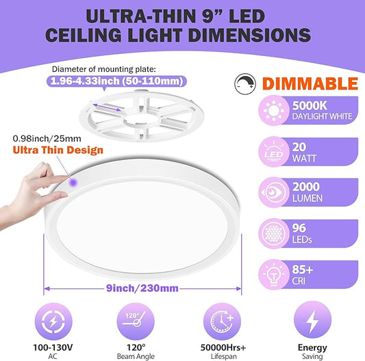 SunRider 4-Pack 9 Inch LED Flush Mount Ceiling Light, 2300LM, 5000K Daylight White, 20W Dimmable Modern Slim Round Flat Ceiling Lights for Hallway