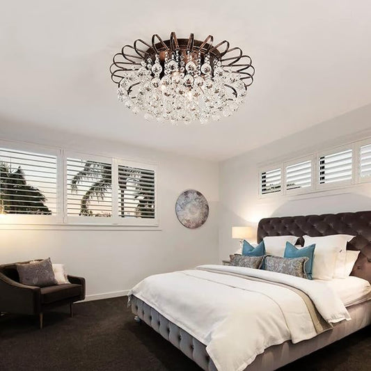 CVKASH 4-Light Crystal Floral Chandelier Modern Bronze Flush Mount Raindrop Crystal Ceiling Lighting Fixture Farmhouse Chandelier for Bathroom Living Room Bedroom Dining Room Entryway