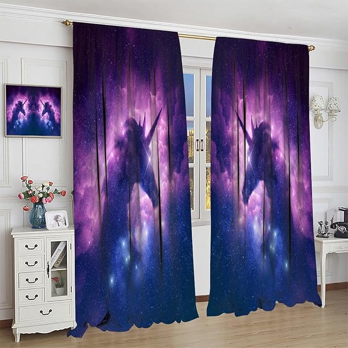 Unicorn Curtains Children's Cartoon Starry Sky Theme Unicorn Pattern Curtains Star Galaxy Boys Girls Room Blackout Curtains 42x63 Inch 2 Panels