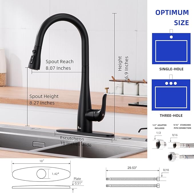 Kitchen Faucet with Soap Dispenser and Pull Down Sprayer - Stainless Steel Single Handle Kitchen Sink Faucet, 1 or 3 Hole Design for Modern Farmhouse Kitchens, Rv, and Bar Sinks (Matte Black)