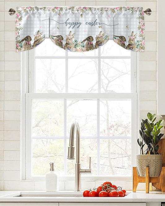 Rabbits Flowers Easter Blackout Tie Up Valance Curtains for Kitchen Windows Eucalyptus Leaf Spring Summer Window Toppers Balloon Shades for Living Room/Bathroom/Bedroom,1 Panel, 54" X 18,Buffalo Plaid