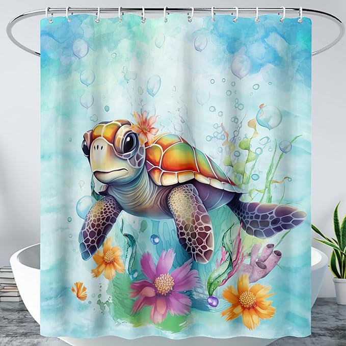 AILONEN Cute Sea Turtle Shower Curtain,Boys Kids Ocean Turtle Bath Curtain with 12 Plastic Hooks,Watercolor Sea Turtle Decorative Waterproof Curtain 72" W*72" H