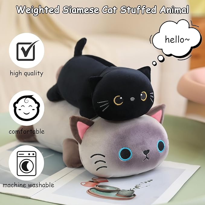 SQEQE Weighted Siamese Cat Plush, Weighted Siamese Cat Stuffed Animal for Anxiety, Cute Siamese Cat Plushies Soft Siamese Cat Pillow Toy Gift for Kids Adults 23.6 Inch, 3.1 lbs