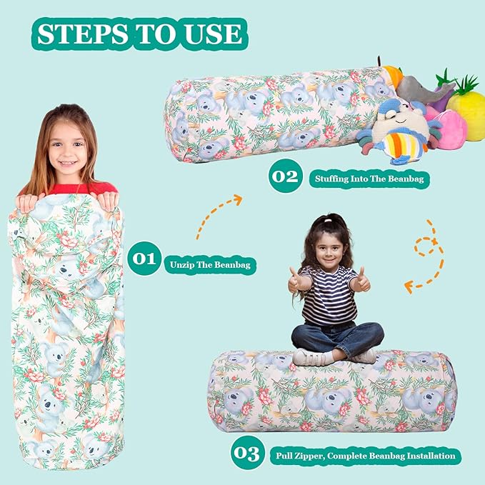 Stuffed Animal Bean Bag Storage Chair for Kids Cover Only (No Filler), Organize, Sit, Play & Boxing, 100% Cotton Canvas Washable, Ultra Soft Cylinder Long Vertical Zipper Best Gift for Child