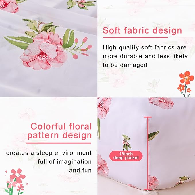 Full Size Bed Sheets Set White Pink Floral Bed Sheets Girls Cute Microfiber Cooling Sheets 4 Pieces Kids Full Bed Set Wrinkle Free, 15 inch Deep Pocket Fitted Sheet, Flat Sheet, Pillowcases