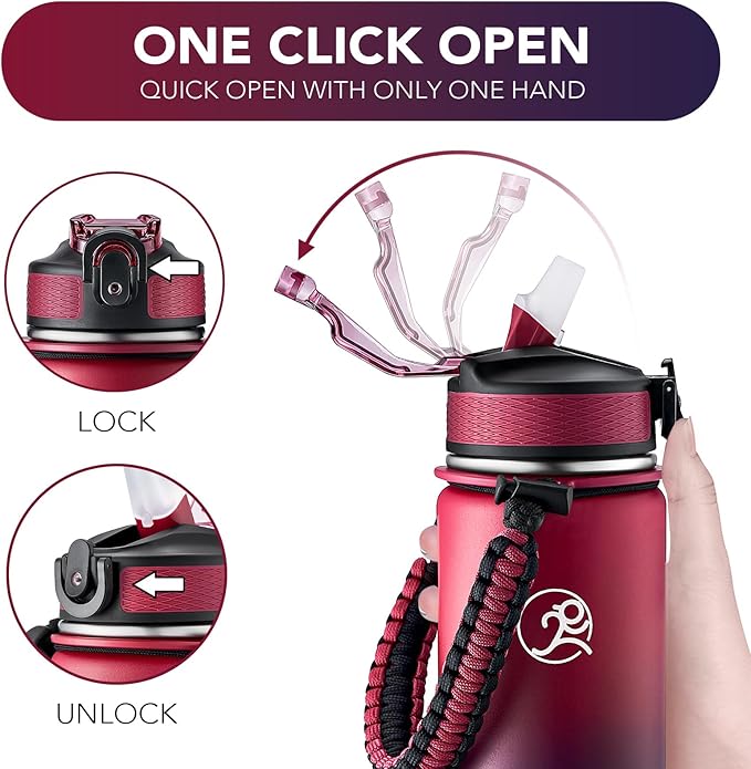 GOSWAG Insulated Sports Water Bottle, 24oz 2 Lids(with Straw/No Straw), Stainless Steel Water Bottles with Paracord Handle, Insulated Thermos with Double-Wall Vacuum Insulation