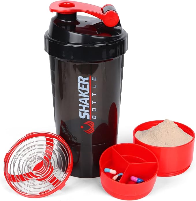 Shaker Bottle 16OZ Protein Shaker Bottles with Mix Ball Sports Water Bottle Leak Proof GYM Cup for Protein Mixes with Powder Storage & Pill Organizer, Ideal for Pre Workout,BPA Free(red)