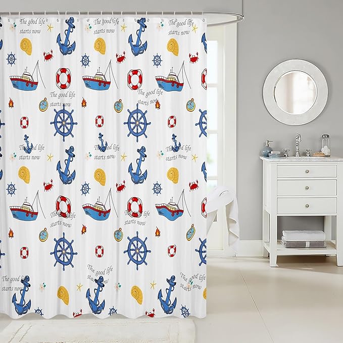 Feelyou Anchor Decor Shower Curtain 72"x72" Kids Sailboat Printed Bathroom Shower Curtain Set for Boys Girls Teens Nautical Compass Print Bath Curtain Ocean Marine Themed Bathroom Accessories