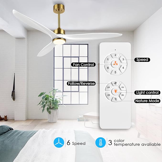 WINGBO 60 Inch DC Ceiling Fan with Lights and Remote Control, 3 Reversible Carved Wood Blades, 6-Speed Noiseless DC Motor, Modern Ceiling Fan in Brass Finish with White Blades