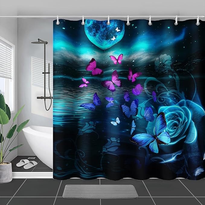 AILONEN Flying Butterfly Shower Curtain for Girls Women,Blue Sky Starry Ocean Sea Rose Bath Curtain 72" W*78" H Polyester Fabric Waterproof Bathroom Curtain with 12 Hooks