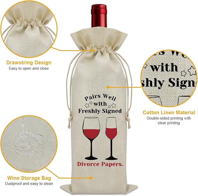 Divorce Gifts for Women Wine Bag Divorce Party Gifts for Him Breakup Gifts for Her Wine Bottle Decoration Bag New Beginning Gift Ideas Pairs Well with Freshly Signed Divorce Papers(Beige)