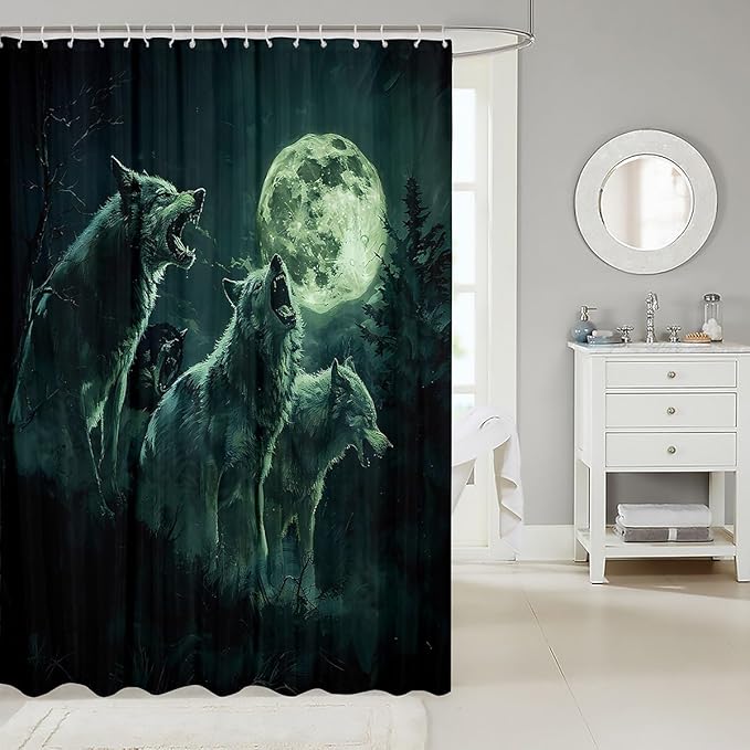 Feelyou Wolf Bath Curtain Wolves Howling Shower Curtain for Boys Girls Green woles Bathroom Shower Curtain Set Animal Wolves Kids Bathroom Accessories 72"x84"