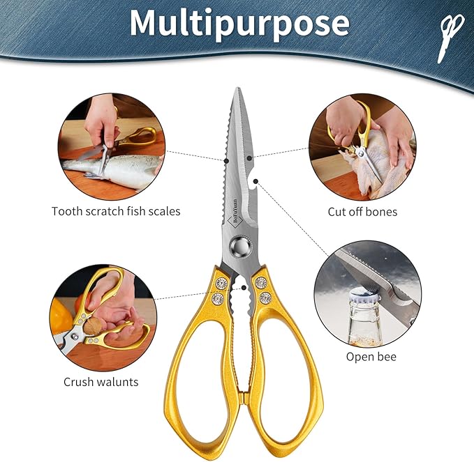 Kitchen Shears for Food Heavy-Duty: Multipurpose Kitchen Shears for Cutting Chicken, Bone, Meat, Food, (9'' Gold)