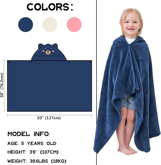 Hiturbo Kids Animal Hooded Towel: Soft Plush Fleece Blanket - 50"x30" Swim Cover Up - Pool Beach Bath Towel Wrap for 3-12 Yrs (Navy Bear)