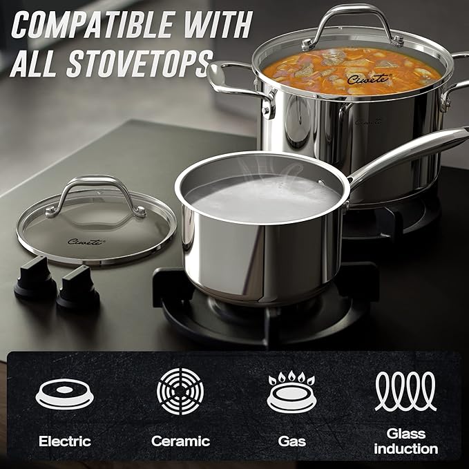 Stainless Steel Pots and Pans Set 10 Piece, Kitchen Cookware Set with Nonstick Frying Pans and Glass Lids, Induction Cookware Set, Including 2 Saucepans, Sauté pan, 2 Frying Pans, Stock Pot