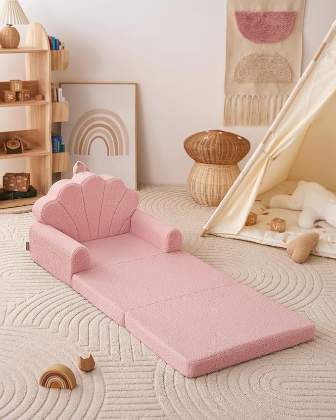 Blissful Diary Kids Couch, 2-in-1 Soft Toddler Couch Fold Out, Toddler Chair Comfy, Convertible Sofa to Lounger with Cute Shell Designs, Pink