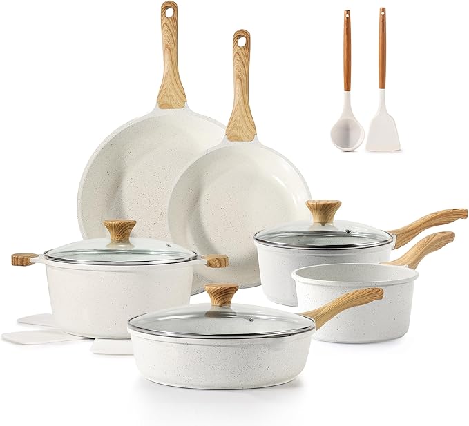 SENSARTE Nonstick Ceramic Cookware Set 16-Piece, Healthy Pots and Pans Set, Non-toxic Kitchen Cooking Set with Stay-Cool Handles, Silicone Utensils and Pot Protectors, PFAS and PFOA Free