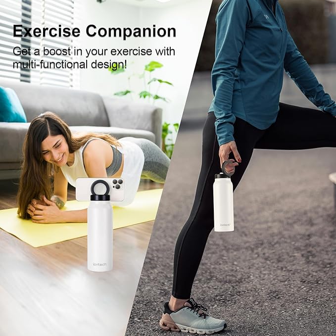 Insulated Water Bottle with Magnetic Phone Holder Compatible with MagSafe and iPhone, Stainless Steel Water Bottle Phone Mount For Sports Travel School, Hot 12H Cold 24H, 24oz (Black)