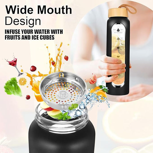 32 Oz Borosilicate Glass Water Bottle with Times to Drink | BPA Free - Reusable Wide Mouth Glass Motivational Water Bottles with Infuser & Silicone Sleeve (black)