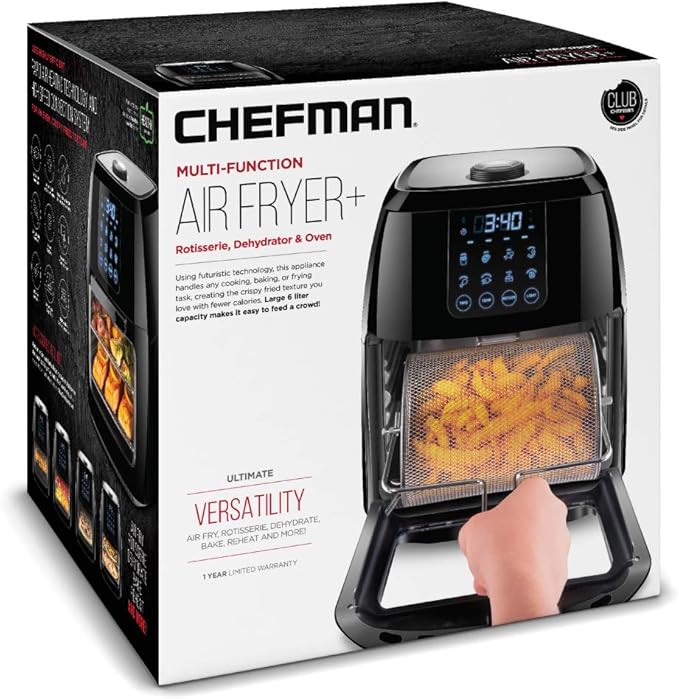 Chefman 6.3-Qt 4-In-1 Digital Air Fryer+, Rotisserie, Dehydrator, Convection Oven, XL Family Size, 8 Touch Screen Presets, BPA-Free, Auto Shutoff, Accessories Included, Black