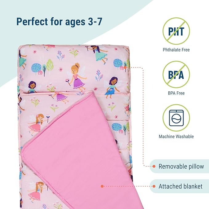 Wildkin Original Nap Mat with Reusable Pillow for Boys & Girls, Ideal for Sleepovers, Equipped with Hook & Loop Fastener, Made from Cotton Blend Materials - Nap Mat for Kids