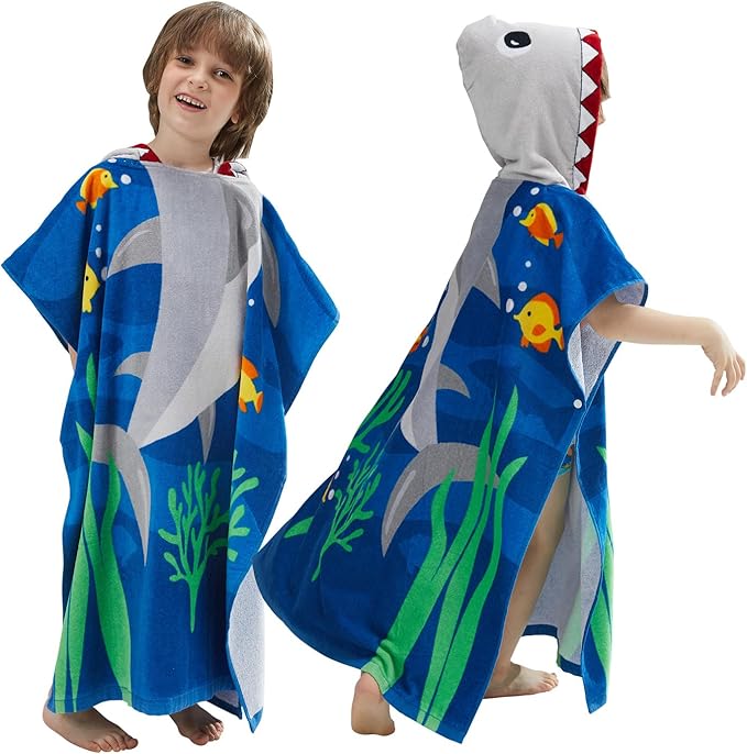 Kids Hooded Towel Bath Beach Soft Cotton Towels Boys Absorbent Pool Wrap with Hood Baby Toddler Poncho Robe(White Shark,9-12Years/Height:49"-59")