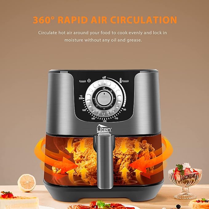 Uten 5.8 Quart Air Fryer, 1700W Hot Oven Oilless Cooker,Non-Stick Fry Basket, Manual Air Fryer with Timer Knob and Temperature Knob, Black
