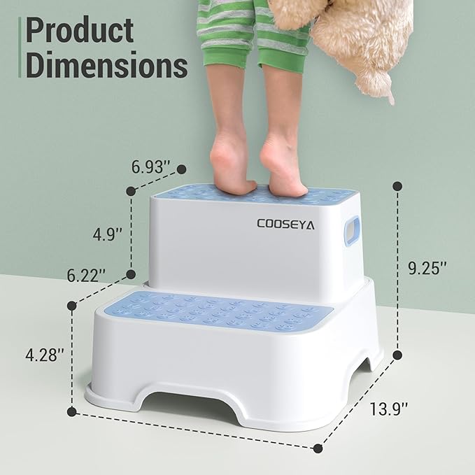 2 Step Stools for Kids,Toddler Step Stool for Bathroom Sink,No-Slip Double up Step Stool for Toddlers Bathroom, Multifunctional Toilet Step Stool for Kids,Toilet Potty Training(2 Packs)(Blue)