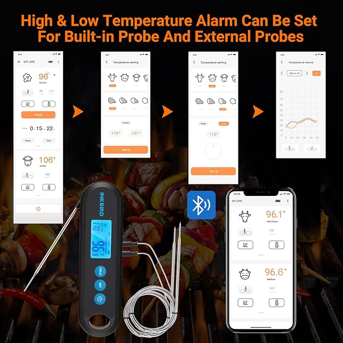 INKBIRD Instant Read Meat Thermometer Digital for Cooking with Dual Probes, 328FT Waterproof Bluetooth BBQ Meat Thermometer, Rechargeable Grill Thermometer with Temperature Alarms, Graph, Calibration