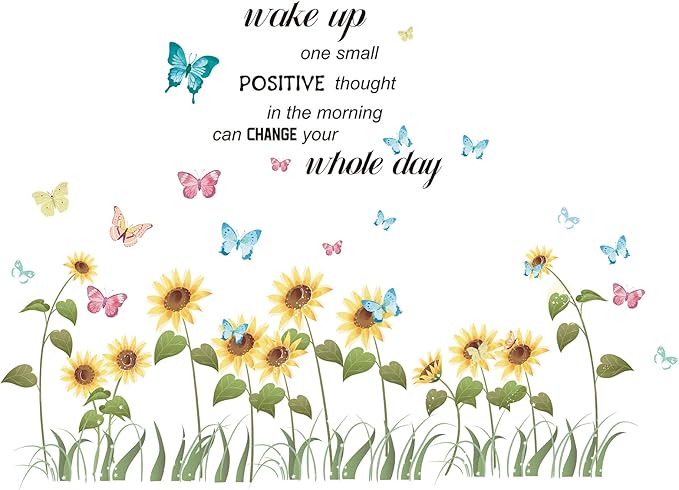 CREATCABIN 4pcs Sunflower Vinyl Wall Decals Butterfly Inspirational Quotes Wall Stickers Self-Adhesive Peel and Stick Watercolor Mural Decoration for Bedroom Living Room Kitchen Wardrobe Door Playroom