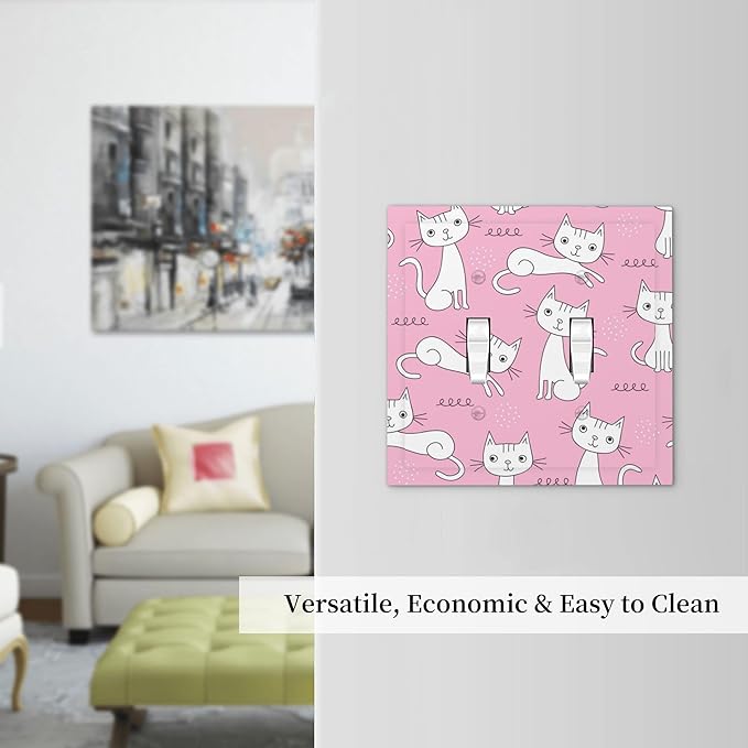 Cartoon Cute Cat Double Toggle Light Switch Covers 2 Gang Wall Plate Dual Decorative Switchplate Electrical Faceplate for Bathroom Country Kitchen Bedroom Decor, 4.9" x 5"